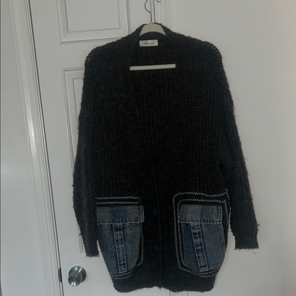 Black Knit Cardigan with Denim Pockets